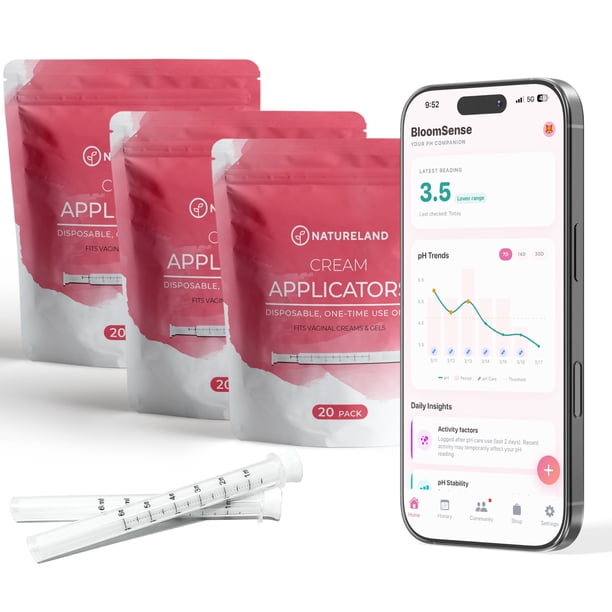 Aplicadores de Crema Vaginal Natureland para Mujeres - Punta Suave y Cómoda - Marcadores de Dosificación - Desechables y Envases Individuales - Bienestar Íntimo - con App BloomSense (3x20 Paquetes)