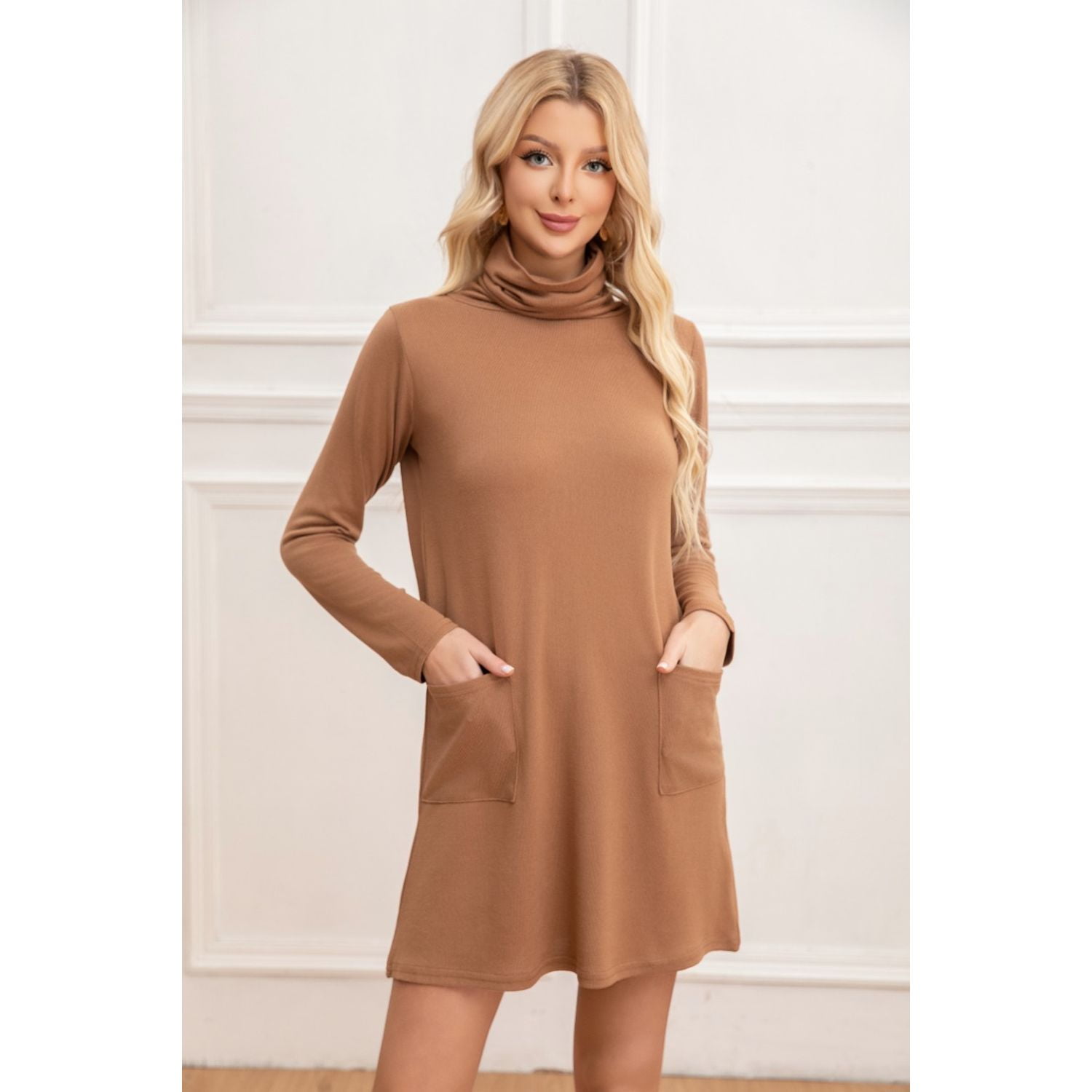 Likeshop - Sweater Mini Vestido Corto Tejido Mujer Cuello Alto Doble 2001