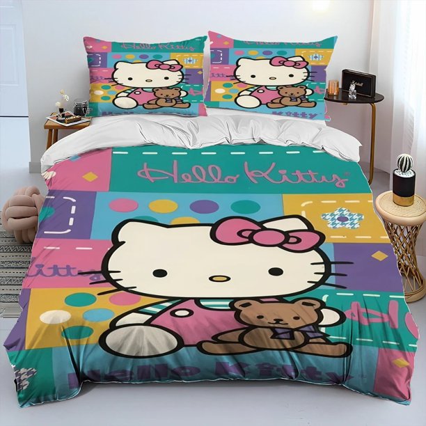 Sanrios Anime Duvet Cover Set Kawaii 3D Printed HelloKitty Comfort Home Bed Linen 3 Piece Gift Set Bedroom Simple Style Bed Sheets