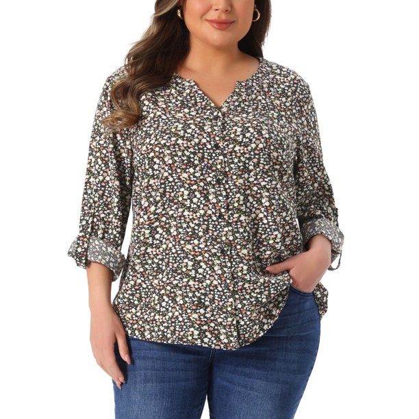 Agnes Orinda Camisas Florales de Talla Grande para Mujer con Cuello en V con Muesca, Mangas Largas Enrollables, Botones Abajo, Blusas Casuales 1X Negro