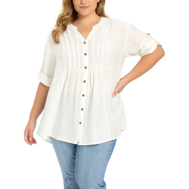 GRACE & GRANDEUR Blusa de Mujer de Talla Grande para Escuela y Universidad con Botones, Textura de Pliegues, Cuello en V, Manga 3/4, Estilo Casual y Elegante, Talla 2X, Blanca