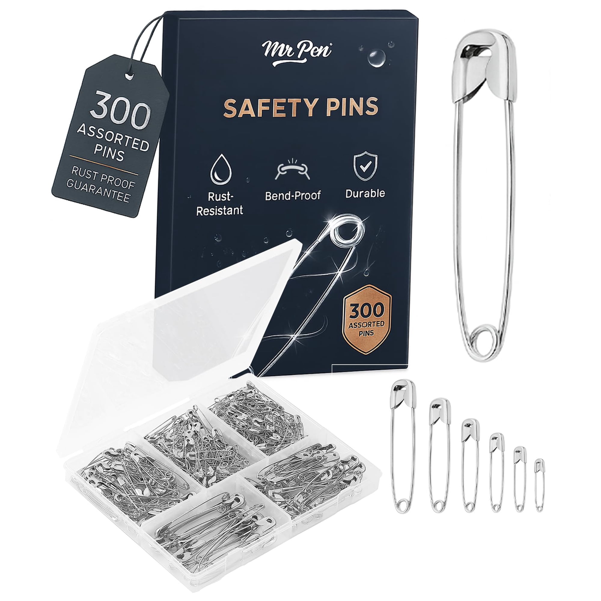 Safety Pen Mr. Pen, Paquete De 300 Unidades, Varios Tamaños, Chapados En Níquel