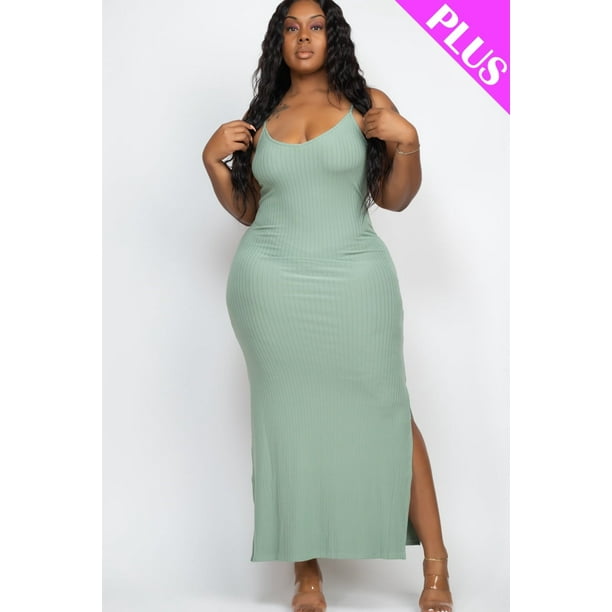 Vestido Largo de Tirantes Acanalado con Aberturas Laterales, Diseñado para Tallas Grandes.