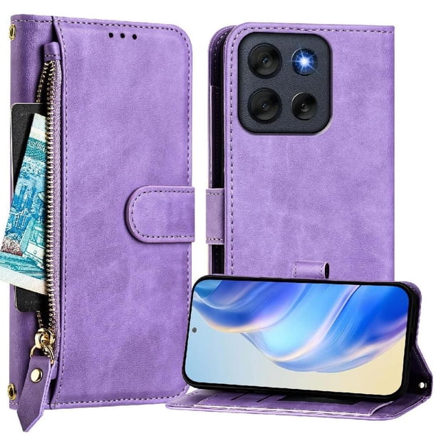 Funda Billetera Cremallera para Motorola Moto G56 con Porta Tarjetas, Soporte y Correa Morado