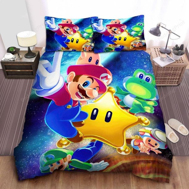 Super Mario Friends In Outer Space Quilt Duvet Cover Set Bed Linen3-Piece Bedding Set
