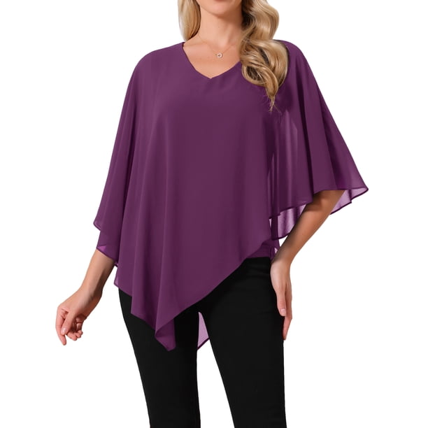 INSPIRE CHIC Blusa fluida de mujer con cuello en V, ligera, de gasa, elegante, camisa asimétrica, de doble capa, para verano, talla S, color púrpura