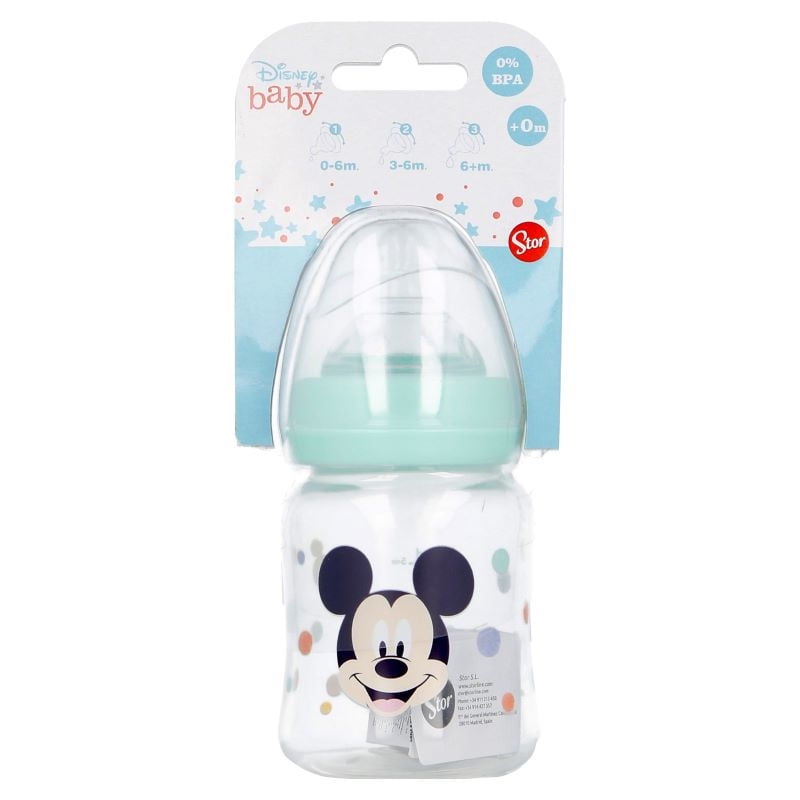 Mamadera 150 Ml Boca Ancha Chupete 3 Flujos Transparente Con Diseño Disney