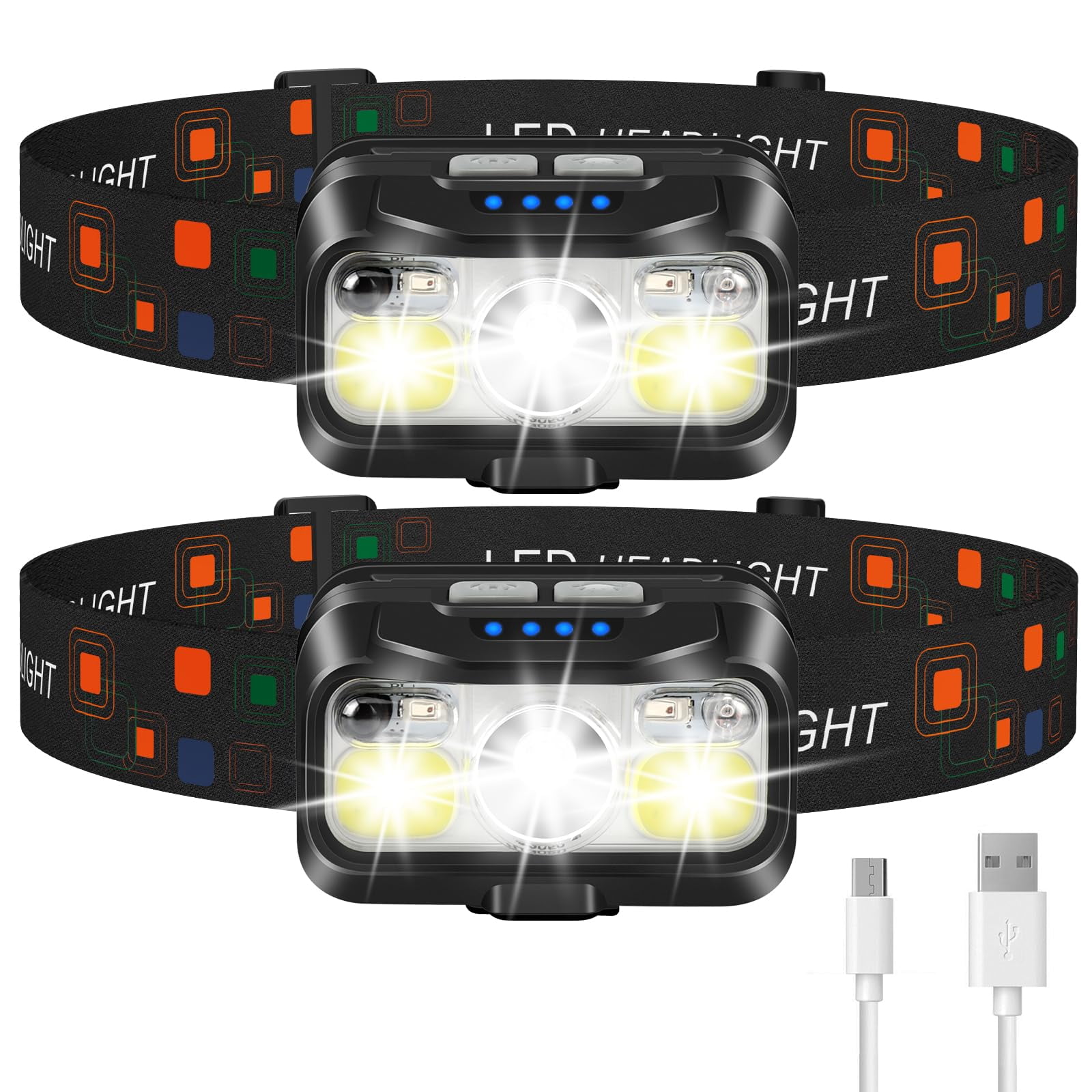 Lhknl Linterna Frontal Recargable, 1200 Lúmenes, Sensor De Movimiento Superbrillante, 2 Paquetes De Faros Led Impermeables Con Luz Blanca Y Roja, 8 Modos De Faros Para Acampar, Andar, Correr, Pescar