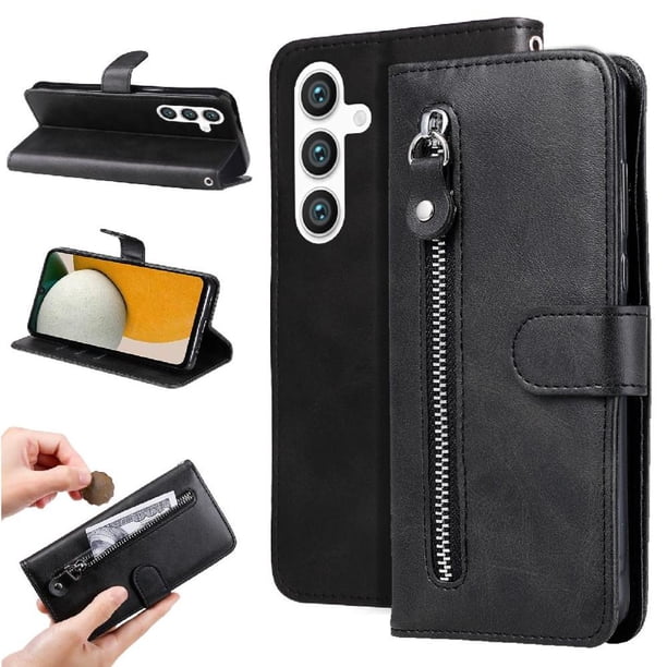 Funda tipo cartera para Samsung Galaxy S25 Plus con bolsillo con cremallera y ranuras para tarjetas – Función de soporte Negro
