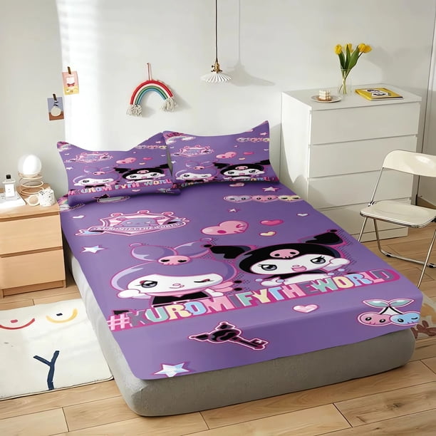 Sanrio Series Kuromi Fitted Sheet Cover,Cute Cartoon Kuromi Fitted Sheet Bedding Set Pillowcase Suitable For Children And Adults Bed Sheets