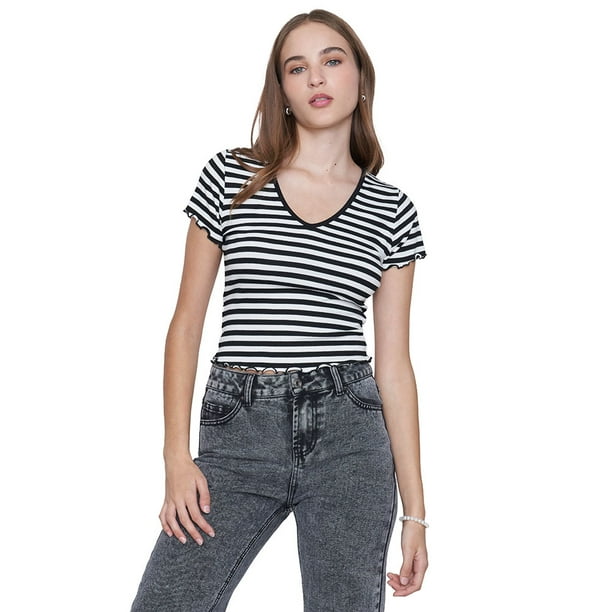 Polera Mujer M/C Rib Cuello V Roulette Líneas Negro Corona