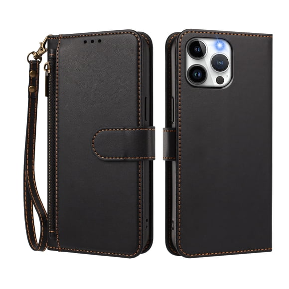 Funda Tipo Billetera para iphone15 Promax con Soporte y Bolsillo con Cierre Negro