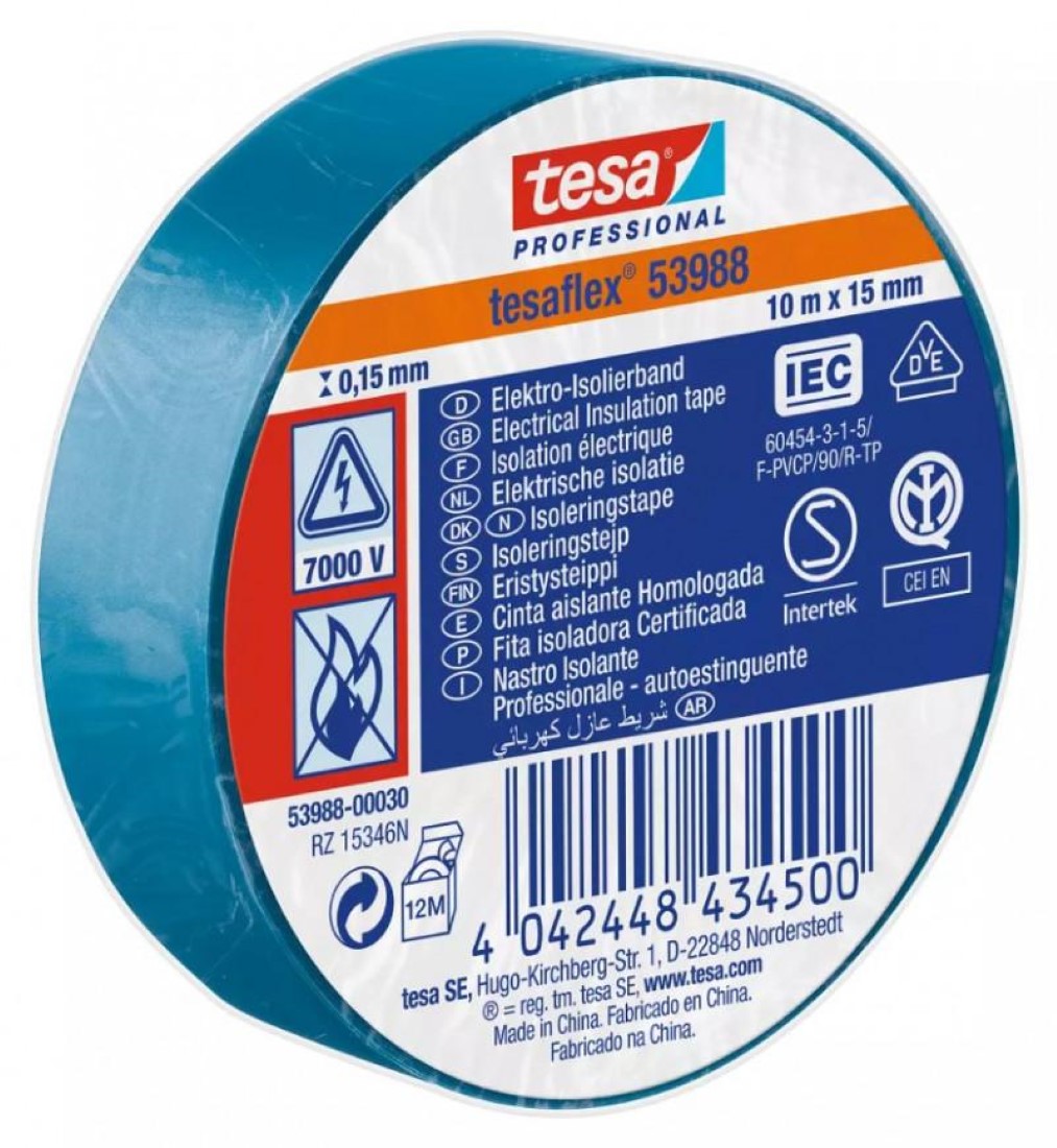 Tesaflex Cinta Aisladora Eléctrica Profesional Azul 10M X 15Mm