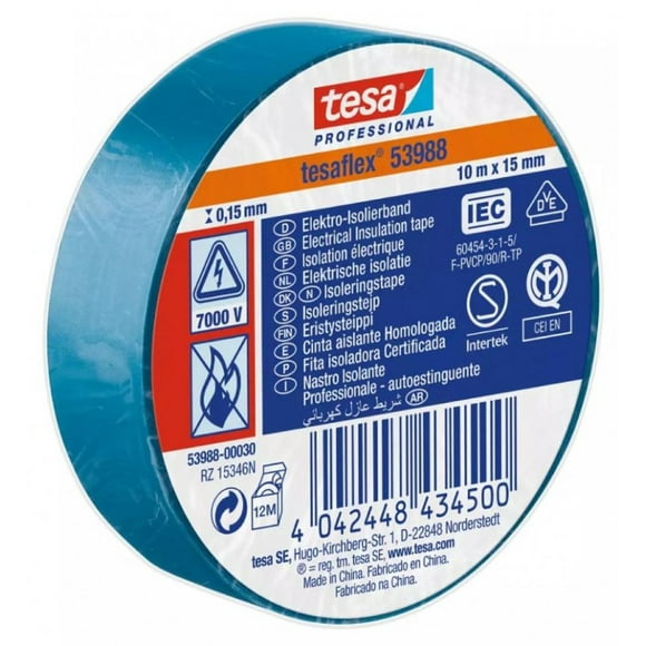 Tesaflex Cinta Aisladora Eléctrica Profesional Azul 10m x 15mm