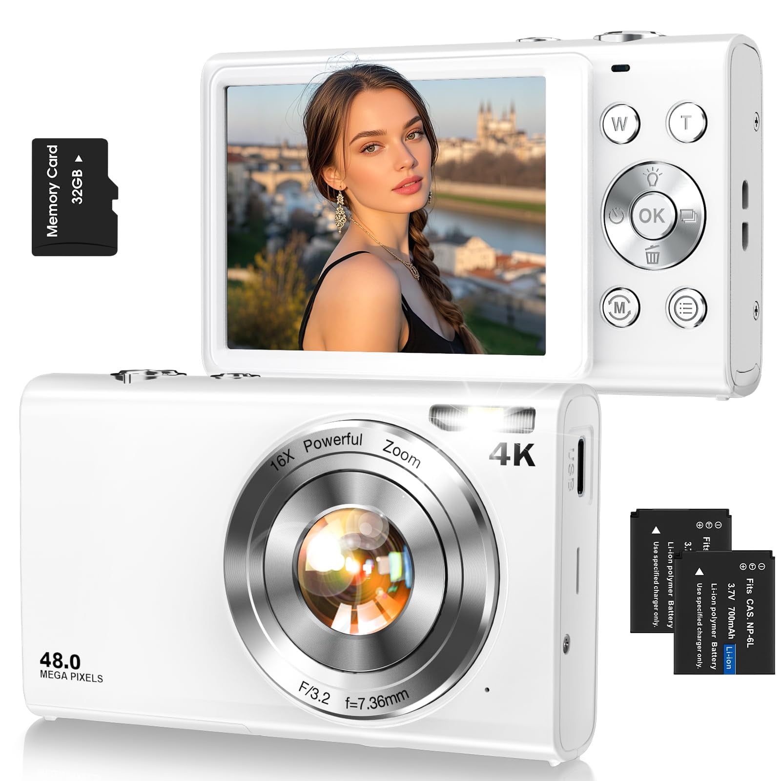 Cámara Digital Lecnippy 4k De 48 Mp Con Tarjeta De 32 Gb Con Zoom 16x, Color Blanco