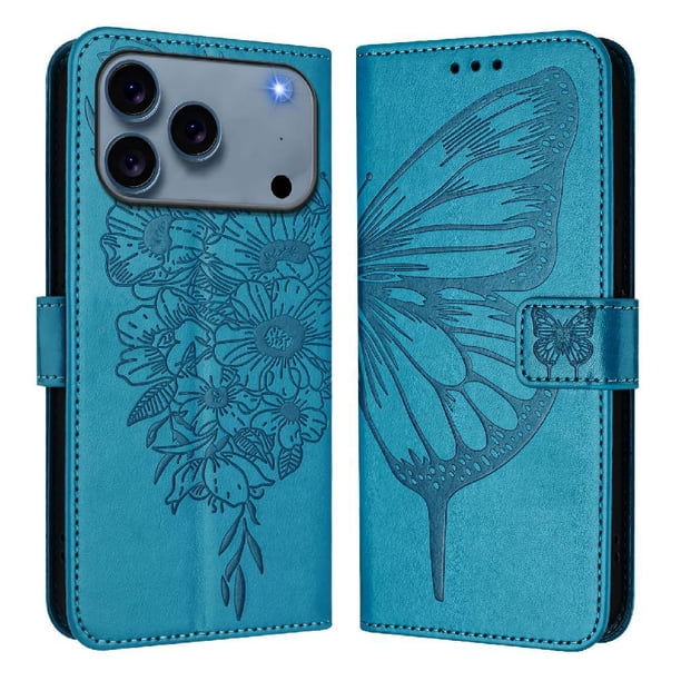 Funda cartera mariposa para iPhone 17 Pro con soporte y ranuras para tarjetas Azul