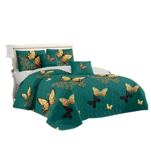 Genérico - Cubrecama Quilt Verano King - Verde Mariposas Doradas Kfl090