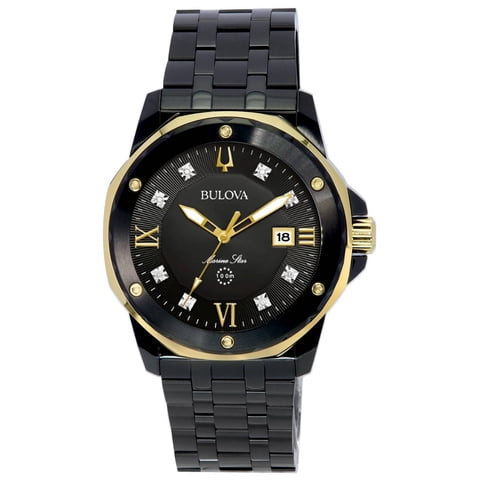 Bulova - Reloj Marine Star Con Detalles De Diamantes Cuarzo Esfera Negra 98D176 100M Para Hombre