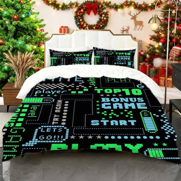 Pixel Game Pattern Printed Duvet Cover Set Themed Bedding Includes 1 Duvet Cover and 2 Pillowcases Soft and Comfortable for All Seasons Ideal for Home and Guest