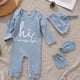 thumbnail image 1 of Infant Casual Outfit - "Hi I'm New Here" Long Sleeve Romper & Hat & Gloves Baby Boys And Girls 4pcs Set Clothes, 1 of 5