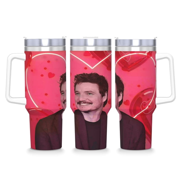 Pedro Pascal Vaso aislado de acero inoxidable con asa, diseño temático, regalo para familia, amigos y fans; incluye pajita y encaja en el portavasos estándar, 40 oz