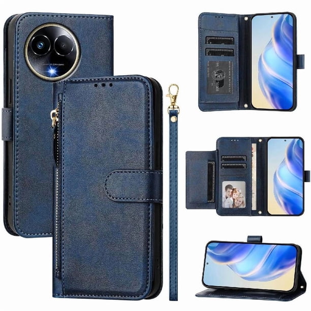Funda tipo cartera para Realme 11 5G con bolsillo con cremallera, tarjetero, soporte, correa para la muñeca y tapa de cuero azul