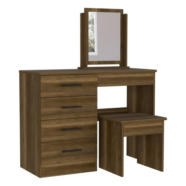 Mueble Tocador 4 Cajones 1 Banca Y Espejo Fm-001o - Café Oscuro