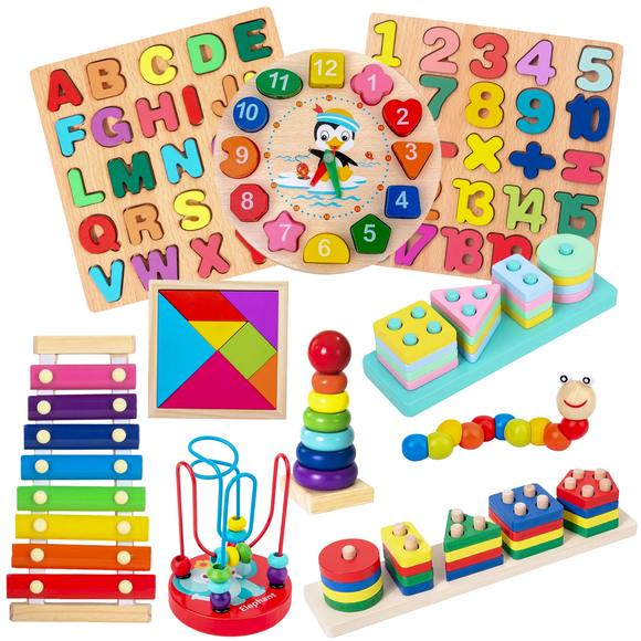 Pack 10 Juguetes Didácticos Encaje de Madera Para Niños Montessori