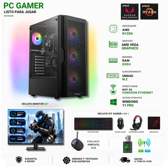 Pc Gamer Amd Ryzen 7 5700G + 16GB + Vega 8 + 480GB + Monitor 22″ + Parlante RGB + AX20