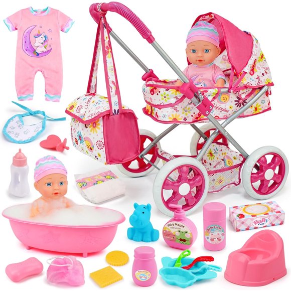 Coche para muñeca Qirptey de 11 pulgadas con 20 accesorios
