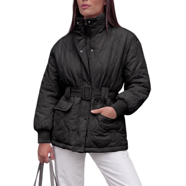 INSPIRE CHIC Chaqueta Acolchada con Cinturón para Mujer Cuello Alto Manga Globo Cremallera Grande Negro