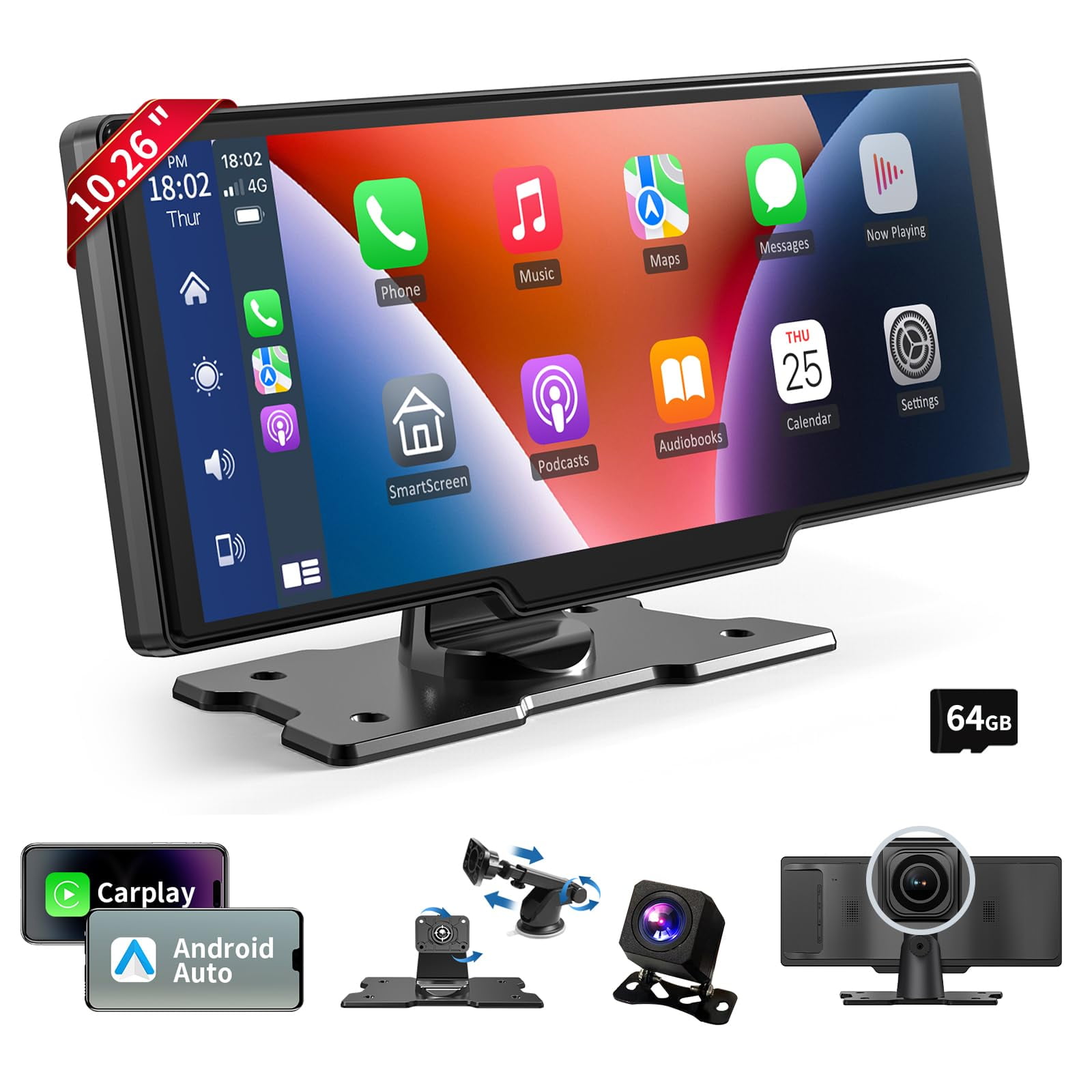 Veralady - Pantalla Carplay Hd Ips De 10 26 Pulgadas Con Cámara De Salpicadero 4k Y Gps