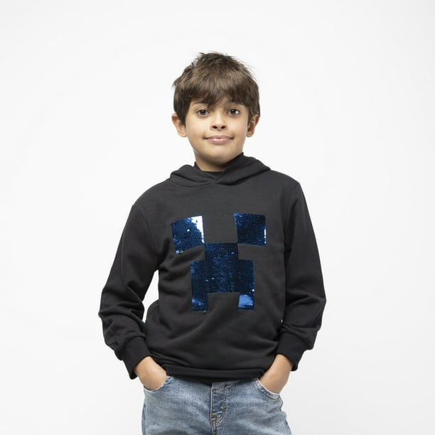 Poleron Con Gorro Niño Lentejuelas Negro Minecraft