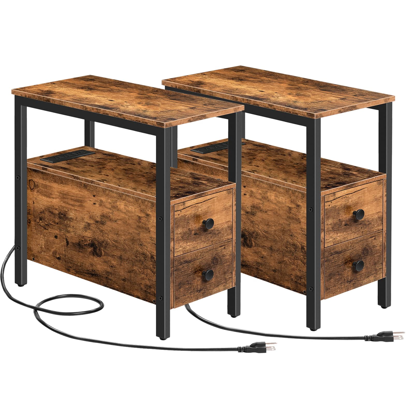 Mesa Auxiliar Hoobro Con Estación De Carga, 2 Cajones, Color Marrón Rústico