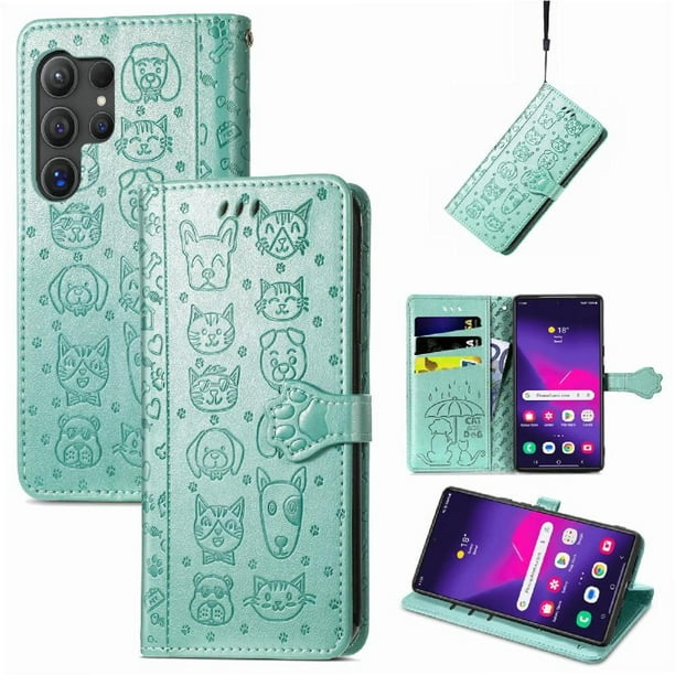 Funda Cartera FOXDOCK para Samsung Galaxy S24 Ultra , Flip PU con Relieve de Gatos y Perros, Tarjetero y Soporte