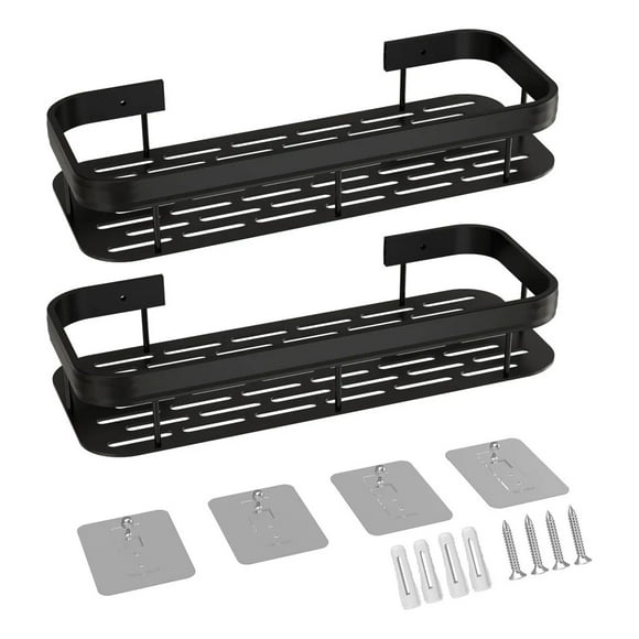 Set De Repisas De Baño Adhesivas - Organizador De Ducha X2 30cm negro. Incluye tornillos y adhesivo sin clavos. Dos métodos de instalación.