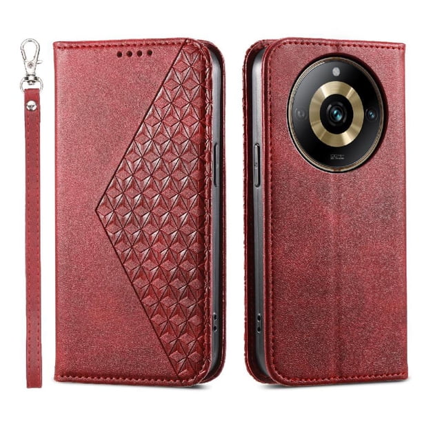 Funda Flip FOXDOCK para Realme 11 Pro , Estilo Billetera con Diseño Rombo, Correa de Mano y Soporte, Uso Diario