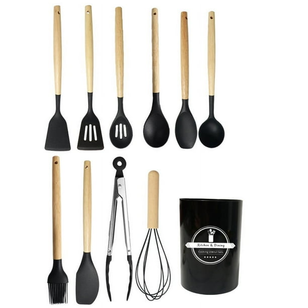 Utensilios de cocina de silicona, 12 piezas, antiadherentes y resistentes al calor, con mango de madera, color negro