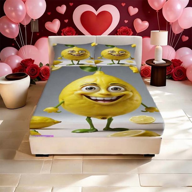 Anthropomorphic Lemon Print Fitted Sheet Fitted Sheet Microfiber Soft And Breathable Deep Pocket Non-Slip Suitable for All Seasons! Ideal for Family And Friends