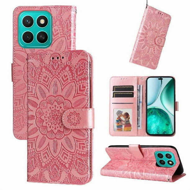 Funda tipo cartera FOXDOCK para Honor X8C , diseño girasol en relieve, cuero PU, cierre magnético, soporte y tarjetero