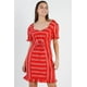 thumbnail image 1 of Vestido Rojo con Mangas Abullonadas, Ribete de Volantes y Detalle de Encaje en la Parte Delantera de Rayas Rojas, 1 of 4