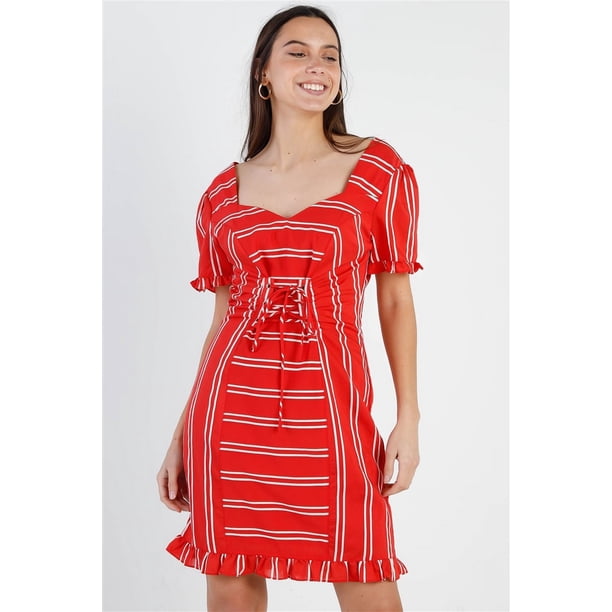 Vestido Rojo con Mangas Abullonadas, Ribete de Volantes y Detalle de Encaje en la Parte Delantera de Rayas Rojas