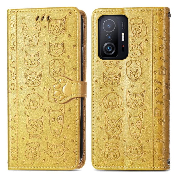 Funda Cartera FOXDOCK para XIAOMI 11T , Flip PU con Relieve de Gatos y Perros, Tarjetero y Soporte