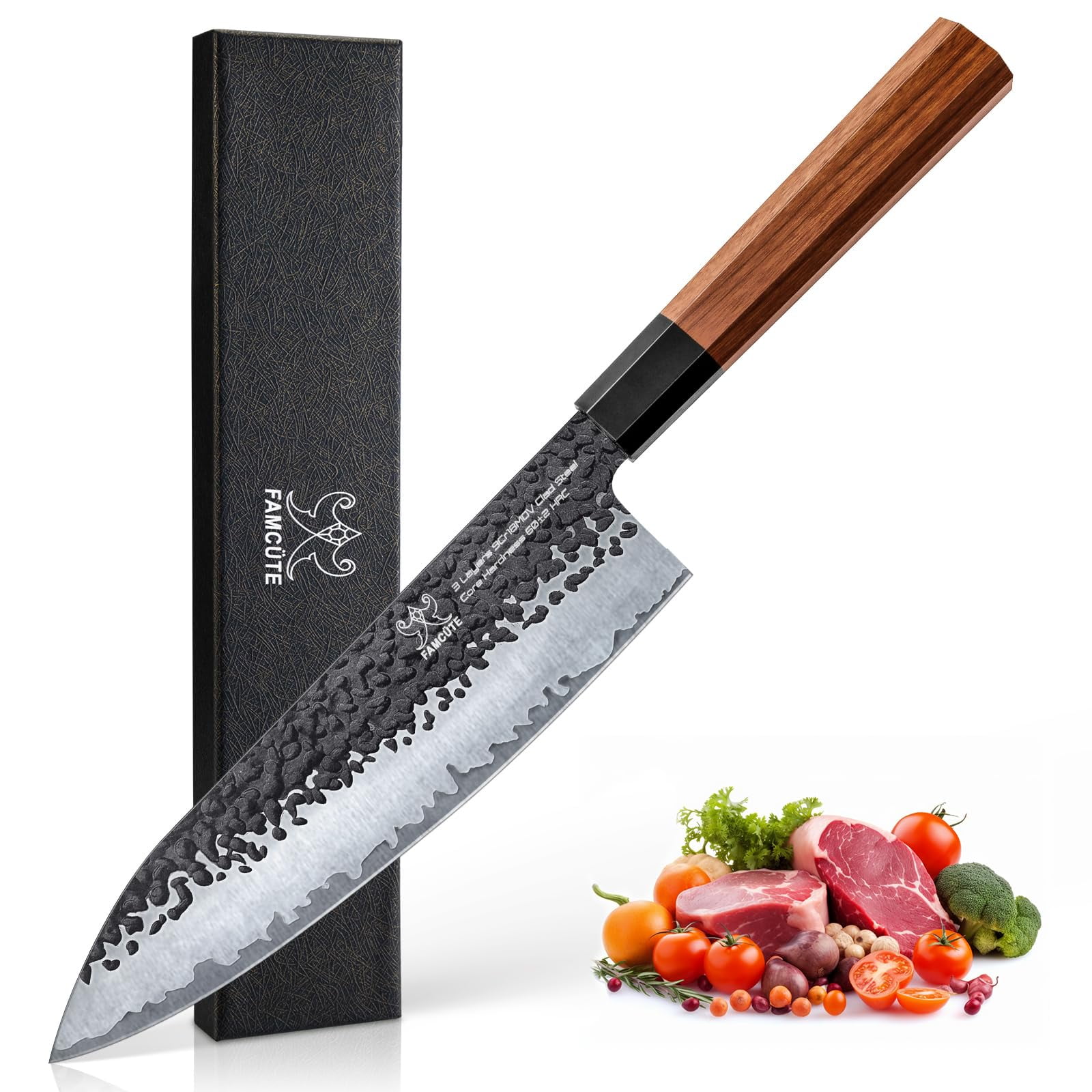 Cuchillo De Chef Famcüte, 20 Cm, Japonés, Forjado A Mano, 5 Capas De Acero