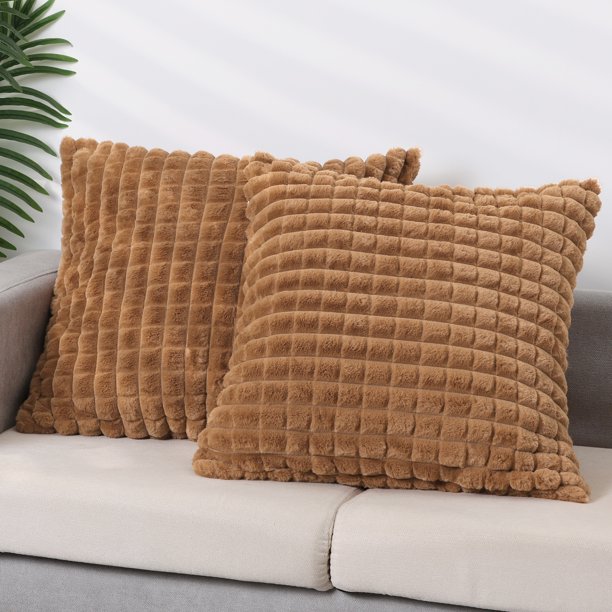 REGALWOVEN 2 piezas Fundas de cojín de felpa de piel sintética a cuadros Sólidas Suaves Peludas Acogedoras Fundas de almohada Marrón 20 x 20 pulgadas
