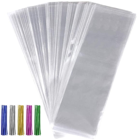 Bolsas de celofán transparentes Tecbeauty 3 × 28 cm 300 piezas + cintas de cierre