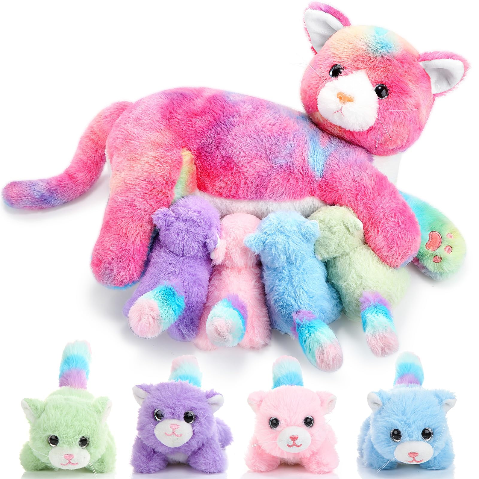 Peluche Skylety, Gato Cariñoso Con 4 Gatitos De Peluche De 40 Cm
