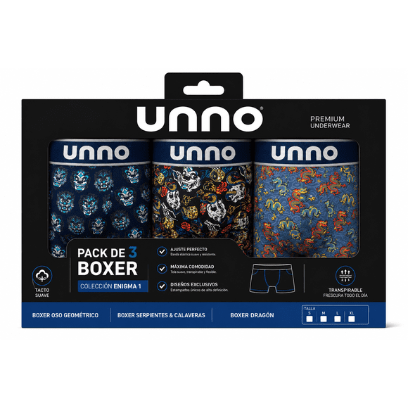Pack de 3 Boxer Colección Enigma 2, algodón peruano premium. (Boxer Mascara + Boxer Casino + Boxer Dragón), TALLA M