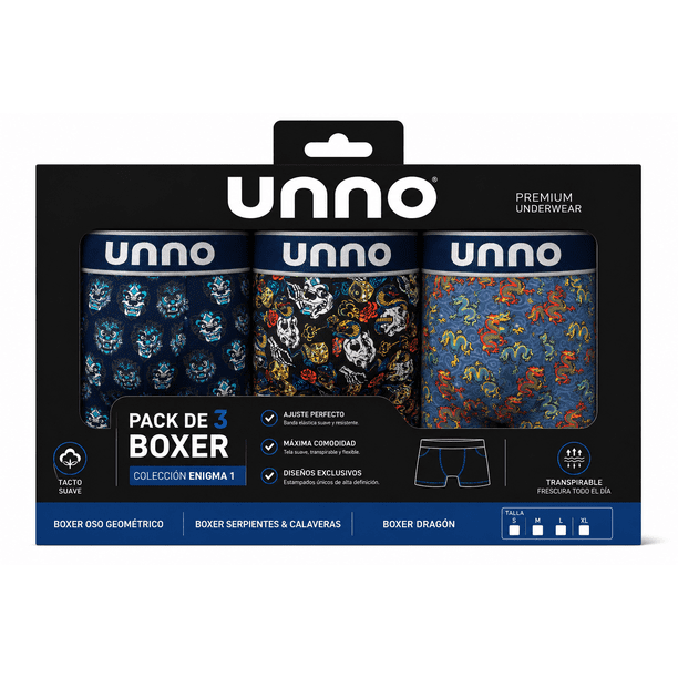 Pack de 3 Boxer Colección Enigma 2, algodón peruano premium. (Boxer Mascara + Boxer Casino + Boxer Dragón), TALLA M