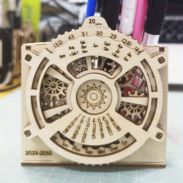 3D Wooden Mechanical Perpetual Calendar Pen Holder Decoration DIY Handmade Assembly Creative Puzzle Toy